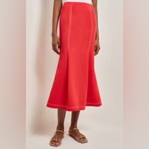 Misook Red Contrast Stitch Woven Midi Trumpet Skirt sz M $248